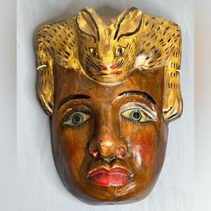Exquisite Folk Art Mexican  Guerrero Wood Mask Woman and  Jack Rabbit Antique